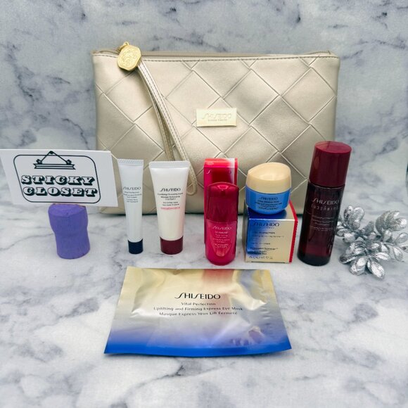 SHISEIDO Skincare Set-Gold Pouch,Concentrate,Cleasner Foam,Eye Cream&Mask7pc-NEW - Picture 1 of 16